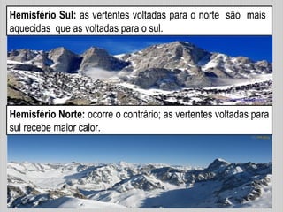 Hemisfério Sul: as vertentes voltadas para o norte são mais
aquecidas que as voltadas para o sul.
Hemisfério Norte: ocorre o contrário; as vertentes voltadas para
sul recebe maior calor.
 