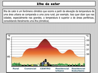 Ilha de calor
Ilha de calor é um fenômeno climático que ocorre a partir da elevação da temperatura de
uma área urbana se comparada a uma zona rural, por exemplo. Isso quer dizer que nas
cidades, especialmente nas grandes, a temperatura é superior a de áreas periféricas,
consolidando literalmente uma ilha (climática).
 