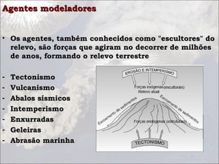 Agentes modeladoresAgentes modeladores
• Os agentes, também conhecidos como "escultores" doOs agentes, também conhecidos como "escultores" do
relevo, são forças que agiram no decorrer de milhõesrelevo, são forças que agiram no decorrer de milhões
de anos, formando o relevo terrestrede anos, formando o relevo terrestre
  
- TectonismoTectonismo
- VulcanismoVulcanismo
- Abalos sísmicosAbalos sísmicos
- IntemperismoIntemperismo
- EnxurradasEnxurradas
- GeleirasGeleiras
- Abrasão marinhaAbrasão marinha
 