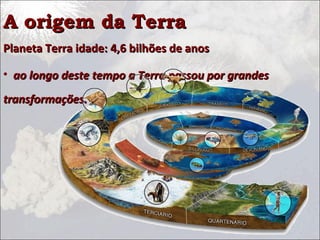 A origem da TerraA origem da Terra
Planeta Terra idade: 4,6 bilhões de anosPlaneta Terra idade: 4,6 bilhões de anos
• ao longo deste tempo a Terra passou por grandesao longo deste tempo a Terra passou por grandes
transformações.transformações.
 