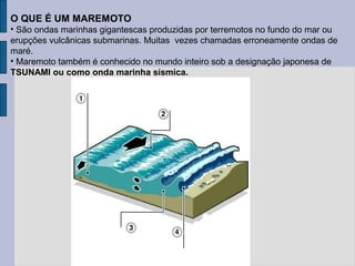 O QUE É UM MAREMOTO
• São ondas marinhas gigantescas produzidas por terremotos no fundo do mar ou
erupções vulcânicas submarinas. Muitas vezes chamadas erroneamente ondas de
maré.
• Maremoto também é conhecido no mundo inteiro sob a designação japonesa de
TSUNAMI ou como onda marinha sísmica.
 