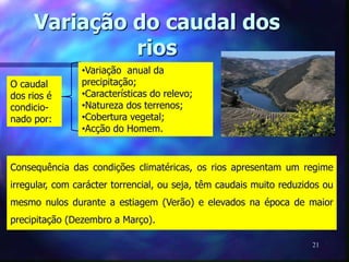 Variação do caudal dos
rios
21
O caudal
dos rios é
condicio-
nado por:
•Variação anual da
precipitação;
•Características do relevo;
•Natureza dos terrenos;
•Cobertura vegetal;
•Acção do Homem.
Consequência das condições climatéricas, os rios apresentam um regime
irregular, com carácter torrencial, ou seja, têm caudais muito reduzidos ou
mesmo nulos durante a estiagem (Verão) e elevados na época de maior
precipitação (Dezembro a Março).
 