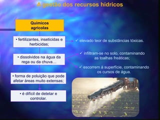 A gestão dos recursos hídricos
Químicos
agrícolas
• é difícil de detetar e
controlar.
• fertilizantes, inseticidas e
herbicidas;
 elevado teor de substâncias tóxicas.
• dissolvidos na água da
rega ou da chuva…
 infiltram-se no solo, contaminando
as toalhas freáticas;
 escorrem à superfície, contaminando
os cursos de água.
• forma de poluição que pode
afetar áreas muito extensas;
 