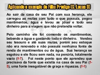 Ao sair da casa de seu Pai com sua herança, ele
carregou as mulas com tudo o que possuía, pegou
mantimentos, água e levou as jóias e todo seu
dinheiro para a viagem que não pretendia voltar.
Pelo caminho ele foi comendo os mantimentos,
bebendo a água e gastando todo o dinheiro. Vendeu
seu tesouro e até suas mulas, porém seu estoque
não era renovado e não possuía nenhuma fonte de
renda de mantimentos ou de água. Sua herança se
esgotou e ele ficou sem nada, na penúria, totalmente
vazio (f-7). Foi neste ponto que ele aprendeu que
precisava da fonte que existia na casa de seu Pai (f-
5), uma fonte inesgotável de graça e riquezas. (f-1)
 