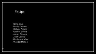 Equipe:
15
-Carla silva
-Daniel Oliveira
-Gabriel Araújo
-Gabriel Souza
-Jairan Oliveira
-Jean Carlos
-Raniere Araújo
-Wendel Manoel
 