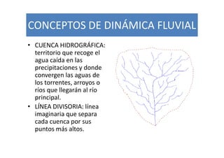 CONCEPTOS DE DINÁMICA FLUVIAL
• CUENCA HIDROGRÁFICA:
  territorio que recoge el
  agua caída en las
  precipitaciones y donde
  convergen las aguas de
  los torrentes, arroyos o
  ríos que llegarán al río
  principal.
• LÍNEA DIVISORIA: línea
  imaginaria que separa
  cada cuenca por sus
  puntos más altos.
 