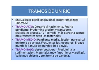 TRAMOS DE UN RÍO
• En cualquier perfil longitudinal encontramos tres
  TRAMOS:
• TRAMO ALTO: Cercano al nacimiento. Fuerte
  pendiente. Predomina erosión y transporte.
  Materiales gruesos. “V” cerrada, más estrecha cuanto
  más resistentes sean los materiales.
• TRAMO MEDIO: Pendiente media. Sección transversal
  en forma de artesa. Frecuentes los meandros. El agua
  inunda la llanura de inundación o aluvial.
• TRAMO BAJO: desembocadura. Predomina la
  sedimentación. Materiales muy finos (limos y arcillas).
  Valle muy abierto y con forma de bandeja.
 
