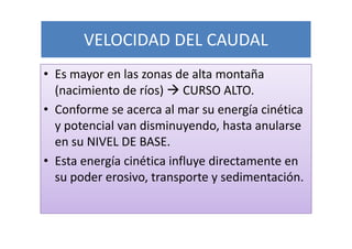 VELOCIDAD DEL CAUDAL
• Es mayor en las zonas de alta montaña
  (nacimiento de ríos) CURSO ALTO.
• Conforme se acerca al mar su energía cinética
  y potencial van disminuyendo, hasta anularse
  en su NIVEL DE BASE.
• Esta energía cinética influye directamente en
  su poder erosivo, transporte y sedimentación.
 