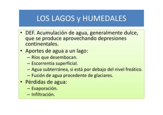 LOS LAGOS y HUMEDALES
• DEF. Acumulación de agua, generalmente dulce,
  que se produce aprovechando depresiones
  continentales.
• Aportes de agua a un lago:
  –   Ríos que desembocan.
  –   Escorrentía superficial.
  –   Agua subterránea, si está por debajo del nivel freático.
  –   Fusión de agua procedente de glaciares.
• Pérdidas de agua:
  – Evaporación.
  – Infiltración.
 