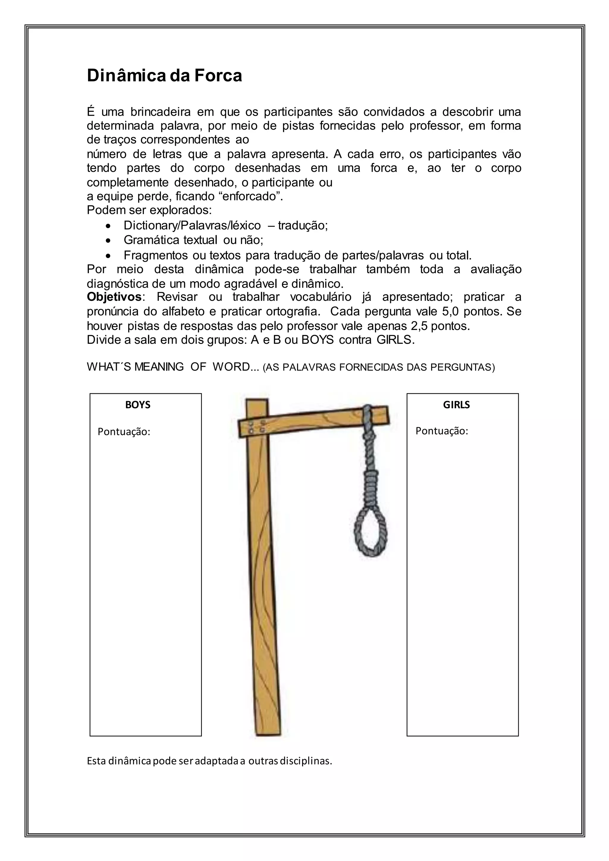 Dinâmica de avaliação diagnóstica: A Forca | DOCX
