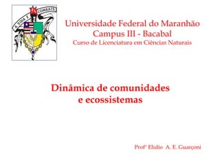 Universidade Federal do Maranhão
Campus III - Bacabal
Curso de Licenciatura em Ciências Naturais
Dinâmica de comunidades
e ecossistemas
Profº Elidio A. E. Guarçoni
 