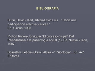 BIBLIOGRAFÍA Burin, David - Kart, Istvan-Levin Luis    “Hacia una participación efectiva y eficaz “   Ed. Ciccus, 1995 Pichon Riviére, Enrique- “El proceso grupal” Del Psicoanálisis a la pasicología social (1), Ed. Nueva Visión, 1997. Bossellini, Leticia- Orsini  Alcira –“ Psicología” , Ed. A-Z Editores. 