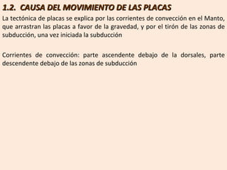 1.2.  CAUSA DEL MOVIMIENTO DE LAS PLACAS La tectónica de placas se explica por las corrientes de convección en el Manto, que arrastran las placas a favor de la gravedad, y por el tirón de las zonas de subducción, una vez iniciada la subducción Corrientes de convección: parte ascendente debajo de la dorsales, parte descendente debajo de las zonas de subducción 