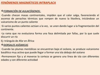 FENÓMENOS MAGMÁTICOS INTRAPLACA FORMACIÓN DE AULACÓGENOS:  Cuando chocan masas continentales, impiden que el calor salga, favoreciendo el ascenso de penachos térmicos que rompen de nuevo la litosfera, iniciándose un vulcanismo de un punto caliente Si varios puntos calientes actúan a la vez,  se unen dando lugar a la fragmentación del continente.  La rama que no evoluciona forma una fosa delimitada por fallas, por la que suele discurrir un río Ej: triángulo de Afar en África DORSALES ASÍSMICAS Cuando las plumas mentálicas se encuentran bajo el océano, se produce vulcanismo basáltico muy activo que puede llegar a formar una isla debajo del océano Permanecen fijo y al moverse la corteza se genera una línea de isla con diferentes edades y con diferente actividad 