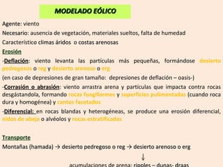 Agente : viento Necesario : ausencia de vegetación, materiales sueltos, falta de humedad Característico  climas áridos  o  costas arenosas Erosión Deflación : viento levanta las partículas más pequeñas, formándose  desierto pedregosos  o  reg  y  desierto arenoso  o  erg (en caso de depresiones de gran tamaño:  depresiones de deflación – oasis-) Corrasión o abrasión : viento arrastra arena y partículas que impacta contra rocas desgástandola, formando  rocas fungiformes  y  superficies pulimentadas  (cuando roca dura y homogénea) y  cantos facetados - Diferencial:  en rocas blandas y heterogéneas, se produce una erosión diferencial,  nidos de abeja  o alvéolos y  rocas estratificadas Transporte Montañas (hamada)  ->  desierto pedregoso o reg  ->  desierto arenoso o erg   acumulaciones de arena:  ripples  –  dunas -  draas MODELADO EÓLICO 