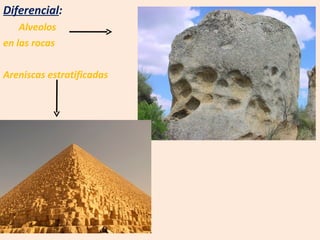 Diferencial :  Alveolos  en las rocas Areniscas estratificadas 