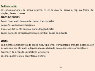 Sedimentación Las acumulaciones de arena ocurren en el desiero de arena o erg, en forma de:  ripples ,  dunas  o  draas TIPOS DE DUNAS Zonas con viento dominante:  dunas transversales pequeñas variaciones:  barjanes Dirección del viento cambia:  dunas longitudinales Zonas donde la dirección del viento cambia:  dunas en estrella LOESS Sedimentos amarillentos de grano fino, tipo limo, transportado grandes distancias en suspensión por el viento y depositado recubriendo cualquier relieve preexistente Proceden de depósitos desérticos y glaciares Los más potentes se encuentran en China 