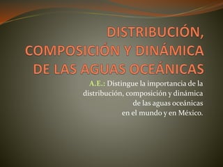 A.E.: Distingue la importancia de la
distribución, composición y dinámica
de las aguas oceánicas
en el mundo y en México.
 