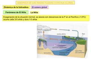 DINÁMICA DE LAS MASAS FLUIDAS A ESCALA GLOBAL

Dinámica de la hidrosfera      El océano global

  Fenómeno de El Niño         La Niña

Exageración de la situación normal, se asocia con descensos de la tª en el Pacífico (-1,5ºC)
ocurre cada 3-5 años y dura 1-3 años
 