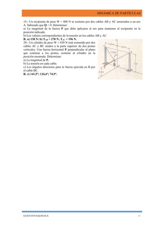 DINÁMICA DE PARTÍCULAS
GUSTAVO SALINAS E. 43
19.- Un recipiente de peso W = 400 N se sostiene por dos cables AB y AC amarrados a un aro
A. Sabiendo que Q = 0. Determinar:
a) La magnitud de la fuerza P que debe aplicarse al aro para mantener al recipiente en la
posición indicada.
b) Los valores correspondientes de la tensión en los cables AB y AC.
R. a) 138 N; b) TAB = 270 N; TAC = 196 N.
20.- Un cilindro de peso W = 650 N está sostenido por dos
cables AC y BC unidos a la parte superior de dos postes
verticales. Una fuerza horizontal P perpendicular al plano
que contiene a los postes, sostiene al cilindro en la
posición mostrada. Determinar:
a) La magnitud de P.
b) La tensión en cada cable.
c) Los ángulos directores para la fuerza ejercida en B por
el cable BC.
R. c) 141,5°; 124,4°; 74,9°.
 