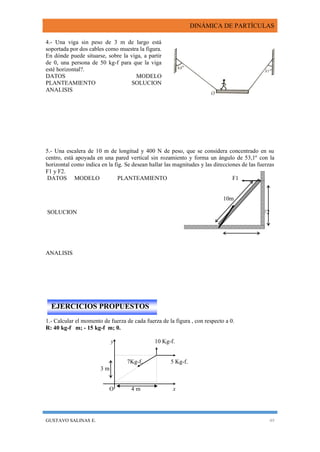 DINÁMICA DE PARTÍCULAS
GUSTAVO SALINAS E. 49
4.- Una viga sin peso de 3 m de largo está
soportada por dos cables como muestra la figura.
En dónde puede situarse, sobre la viga, a partir
de 0, una persona de 50 kg-f para que la viga
esté horizontal?.
DATOS MODELO
PLANTEAMIENTO SOLUCION
ANALISIS
5.- Una escalera de 10 m de longitud y 400 N de peso, que se considera concentrado en su
centro, está apoyada en una pared vertical sin rozamiento y forma un ángulo de 53,1º con la
horizontal como indica en la fig. Se desean hallar las magnitudes y las direcciones de las fuerzas
F1 y F2.
DATOS MODELO PLANTEAMIENTO F1
10m
SOLUCION F2
ANALISIS
1.- Calcular el momento de fuerza de cada fuerza de la figura , con respecto a 0.
R: 40 kg-f m; - 15 kg-f m; 0.
y 10 Kg-f.
7Kg-f. 5 Kg-f.
3 m
O 4 m x
EJERCICIOS PROPUESTOS
 