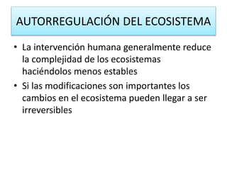 AUTORREGULACIÓN DEL ECOSISTEMA
• La intervención humana generalmente reduce
la complejidad de los ecosistemas
haciéndolos menos estables
• Si las modificaciones son importantes los
cambios en el ecosistema pueden llegar a ser
irreversibles
 