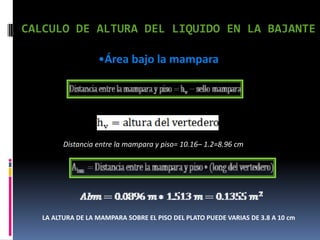 CALCULO DE ALTURA DEL LIQUIDO EN LA BAJANTE

                   •Área bajo la mampara




         Distancia entre la mampara y piso= 10.16– 1.2=8.96 cm




   LA ALTURA DE LA MAMPARA SOBRE EL PISO DEL PLATO PUEDE VARIAS DE 3.8 A 10 cm
 