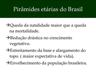 Pirâmides etárias do Brasil Queda da natalidade maior que a queda na mortalidade. Redução drástica no crescimento vegetativo. Estreitamento da base e alargamento do topo. ( maior expectativa de vida). Envelhecimento da população brasileira. 