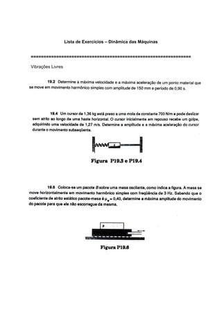 Lista de Exercícios – Dinâmica das Máquinas
Prof. Ricardo B. Elias
===============================================================
Vibrações Livres
 