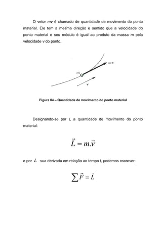 O vetor mv é chamado de quantidade de movimento do ponto
material. Ele tem a mesma direção e sentido que a velocidade do
ponto material e seu módulo é igual ao produto da massa m pela
velocidade v do ponto.
Figura 04 – Quantidade de movimento do ponto material
Designando-se por L a quantidade de movimento do ponto
material:
vmL
rr
.=
e por L& sua derivada em relação ao tempo t, podemos escrever:
LF &
r
=∑
 