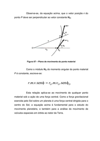Observa-se, da equação acima, que o vetor posição r do
ponto P deve ser perpendicular ao vetor constante HO.
Figura 07 – Plano de movimento do ponto material
Como o módulo HO do momento angular do ponto material
P é constante, escreve-se:
OOO vmrvmr φφ sen...sen... =
Esta relação aplica-se ao movimento de qualquer ponto
material sob a ação de uma força central. Como a força gravitacional
exercida pelo Sol sobre um planeta é uma força central dirigida para o
centro do Sol, a equação acima é fundamental para o estudo do
movimento planetário, e também para a análise do movimento de
veículos espaciais em órbita ao redor da Terra.
 