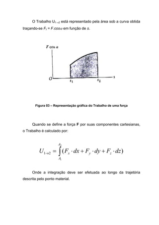 O Trabalho U1→2 está representado pela área sob a curva obtida
traçando-se Ft = F.cosα em função de s.
Figura 03 – Representação gráfica do Trabalho de uma força
Quando se define a força F por suas componentes cartesianas,
o Trabalho é calculado por:
∫ ⋅+⋅+⋅=→
2
1
)(21
A
A
zyx dzFdyFdxFU
Onde a integração deve ser efetuada ao longo da trajetória
descrita pelo ponto material.
 