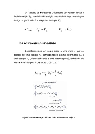 O Trabalho de P depende unicamente dos valores inicial e
final da função Py, denominada energia potencial do corpo em relação
à força da gravidade P e é representada por Vg.
2121 gg VVU −=→ yPVg .=
6.2. Energia potencial elástica
Considerando-se um corpo preso à uma mola e que se
desloca de uma posição A1, correspondente a uma deformação x1, a
uma posição A2 , correspondente a uma deformação x2, o trabalho da
força F exercida pela mola sobre o corpo é:
2
2
2
121
2
1
2
1
kxkxU ⋅−⋅=→
Figura 10 – Deformação de uma mola submetida a força F
 