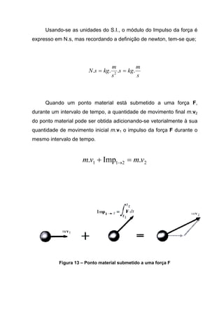 Usando-se as unidades do S.I., o módulo do Impulso da força é
expresso em N.s, mas recordando a definição de newton, tem-se que;
s
m
kgs
s
m
kgsN .... 2
==
Quando um ponto material está submetido a uma força F,
durante um intervalo de tempo, a quantidade de movimento final m.v2
do ponto material pode ser obtida adicionando-se vetorialmente à sua
quantidade de movimento inicial m.v1 o impulso da força F durante o
mesmo intervalo de tempo.
2211 .Imp. vmvm =+ →
Figura 13 – Ponto material submetido a uma força F
 