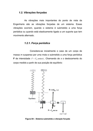 1.2. Vibrações forçadas
As vibrações mais importantes do ponto de vista da
Engenharia são as vibrações forçadas de um sistema. Essas
vibrações ocorrem, quando o sistema é submetido a uma força
periódica ou quando está elasticamente ligado a um suporte que tem
movimento alternado.
1.2.1. Força periódica
Considere-se inicialmente o caso de um corpo de
massa m suspenso por uma mola e submetido a uma força periódica
F de intensidade )sen(. tFF m ω= . Chamando de x o deslocamento do
corpo medido a partir de sua posição de equilíbrio:
Figura 04 – Sistema submetido a vibração forçada
 