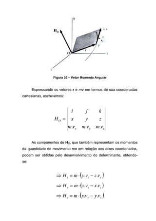 Figura 05 – Vetor Momento Angular
Expressando os vetores r e mv em termos de sua coordenadas
cartesianas, escrevemos:
zyx
O
vmvmvm
zyx
kji
H
...
=
As componentes de HO, que também representam os momentos
da quantidade de movimento mv em relação aos eixos coordenados,
podem ser obtidas pelo desenvolvimento do determinante, obtendo-
se:
( )yzx vzvymH .. −⋅=⇒
( )zxy vxvzmH .. −⋅=⇒
( )xyz vyvxmH .. −⋅=⇒
 
