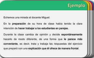 Echemos una mirada al docente Miguel.
En la preparación de su hora de clase había tenido la clara
intención de hacer trabajar a los estudiantes en parejas.
Durante la clase cambia de opinión y decide espontáneamente
hacerlo de modo diferente, de una forma que le parece más
conveniente, es decir, trata y trabaja las respuestas del ejercicio
que preparó con una explicación que él ofrece de manera frontal.

 