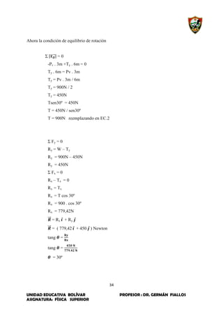 34
UNIDAD EDUCATIVA BOLÍVAR PROFESOR : DR. GERMÁN FIALLOS
ASIGNATURA: FÍSICA SUPERIOR
Ahora la condición de equilibrio de rotación
Σ |⃗⃗⃗⃗⃗| = 0
-Pv . 3m +Ty . 6m = 0
Ty . 6m = Pv . 3m
Ty = Pv . 3m / 6m
Ty = 900N / 2
Ty = 450N
Tsen30º = 450N
T = 450N / sen30º
T = 900N reemplazando en EC.2
Σ Fy = 0
Ry = W – Ty
Ry = 900N – 450N
Ry = 450N
Σ Fx = 0
Rx – Tx = 0
Rx = Tx
Rx = T cos 30º
Rx = 900 . cos 30º
Rx = 779,42N
⃗⃗⃗ = Rx ⃗ + Ry ⃗
⃗⃗⃗ = ( 779,42 ⃗ + 450 ⃗ ) Newton
tang =
tang =
= 30º
 