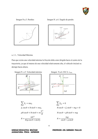 4
UNIDAD EDUCATIVA BOLÍVAR PROFESOR : DR. GERMÁN FIALLOS
ASIGNATURA: FÍSICA SUPERIOR
Imagen N.a.3. Peraltes Imagen N. a.4. Ángulo de peralte
a..1.1.. Velocidad Máxima
Para que exista una velocidad máxima la fricción debe estar dirigida hacia el centro de la
trayectoria, ya que al tratarse de una velocidad relativamente alta, el vehículo iniciará su
derrape hacia afuera.
Imagen N. a.5. Velocidad máxima Imagen N.a.6. D:C:L vmáx.
∑ ∑
 