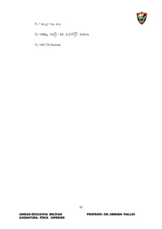 51
UNIDAD EDUCATIVA BOLÍVAR PROFESOR : DR. GERMÁN FIALLOS
ASIGNATURA: FÍSICA SUPERIOR
T2 = m2.g + m2. .r2
T2= 60Kg . 9,8 + 60 . 8,235 . 0,04 m
T2= 607,76 Newton
 
