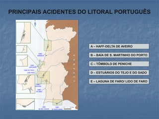PRINCIPAIS ACIDENTES DO LITORAL PORTUGUÊS




                                                         A – HAFF-DELTA DE AVEIRO

                       CABO
                      MONDEGO                            B – BAÍA DE S. MARTINHO DO PORTO


           CABO
                                                         C – TÔMBOLO DE PENICHE
         CARVOEIRO
    CABO DA ROCA
       CABO RASO                                         D – ESTUÁRIOS DO TEJO E DO SADO

                                                         E – LAGUNA DE FARO/ LIDO DE FARO
                    CABO
                   ESPICHEL

                     CABO
                    DE SINES




                            CABO             CABO
                       DE SÃO VICENTE   DE SANTA MARIA
 