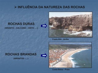  INFLUÊNCIA DA NATUREZA DAS ROCHAS




   ROCHAS DURAS
(GRANITO – CALCÁRIO – XISTO - ...)




                                     Costa Alta - Arriba




ROCHAS BRANDAS
         (ARENITOS – ...)




                                     Costa Baixa - Praia
 
