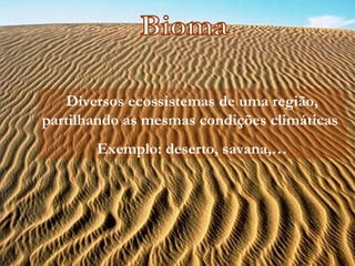 Diversos ecossistemas de uma região,
partilhando as mesmas condições climáticas
       Exemplo: deserto, savana,…
 