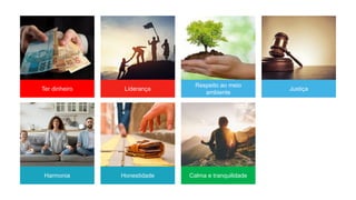 Ter dinheiro Liderança
Respeito ao meio
ambiente
Justiça
Harmonia Honestidade Calma e tranquilidade
 