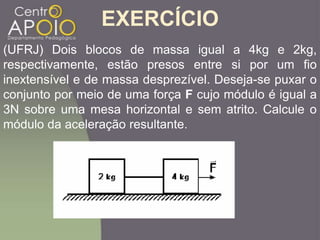 EXERCÍCIO
(UFRJ) Dois blocos de massa igual a 4kg e 2kg,
respectivamente, estão presos entre si por um fio
inextensível e de massa desprezível. Deseja-se puxar o
conjunto por meio de uma força F cujo módulo é igual a
3N sobre uma mesa horizontal e sem atrito. Calcule o
módulo da aceleração resultante.
 