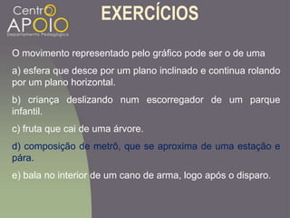 EXERCÍCIOS
O movimento representado pelo gráfico pode ser o de uma
a) esfera que desce por um plano inclinado e continua rolando
por um plano horizontal.
b) criança deslizando num escorregador de um parque
infantil.
c) fruta que cai de uma árvore.
d) composição de metrô, que se aproxima de uma estação e
pára.
e) bala no interior de um cano de arma, logo após o disparo.
 
