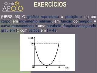 (UFRS 96) O gráfico representa a posição x de um
corpo, em movimento retilíneo, em função do tempo t. A
curva representada é uma parábola (função do segundo
grau em t), com vértice em t = 4s.
EXERCÍCIOS
 