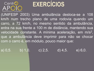 EXERCÍCIOS
(UNIFESP 2003) Uma ambulância desloca-se a 108
km/h num trecho plano de uma rodovia quando um
carro, a 72 km/h, no mesmo sentido da ambulância,
entra na sua frente a 100 m de distância, mantendo sua
velocidade constante. A mínima aceleração, em m/s2,
que a ambulância deve imprimir para não se chocar
com o carro é, em módulo, pouco maior que:
a) 0,5. b) 1,0. c) 2,5. d) 4,5. e) 6,0.
 
