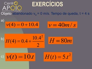 EXERCÍCIOS
4.100)4(v
Objeto abandonado vo = 0 m/s. Tempo de queda, t = 4 s
a)
b)
2
4.10
4.0)4(
2
H mH 80
c) ttv .10)( 2
.5)( ttH
smv /40
 