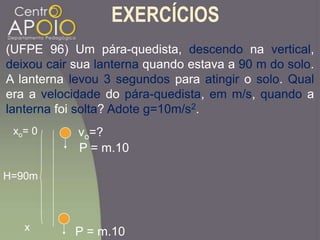 EXERCÍCIOS
(UFPE 96) Um pára-quedista, descendo na vertical,
deixou cair sua lanterna quando estava a 90 m do solo.
A lanterna levou 3 segundos para atingir o solo. Qual
era a velocidade do pára-quedista, em m/s, quando a
lanterna foi solta? Adote g=10m/s2.
H=90m
P = m.10
P = m.10
xo= 0
x
vo=?
 
